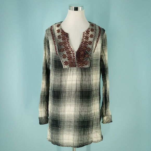 Anthropologie Floreat Size Small S Black Plaid Embroidered Beaded Tunic Top - Picture 1 of 9